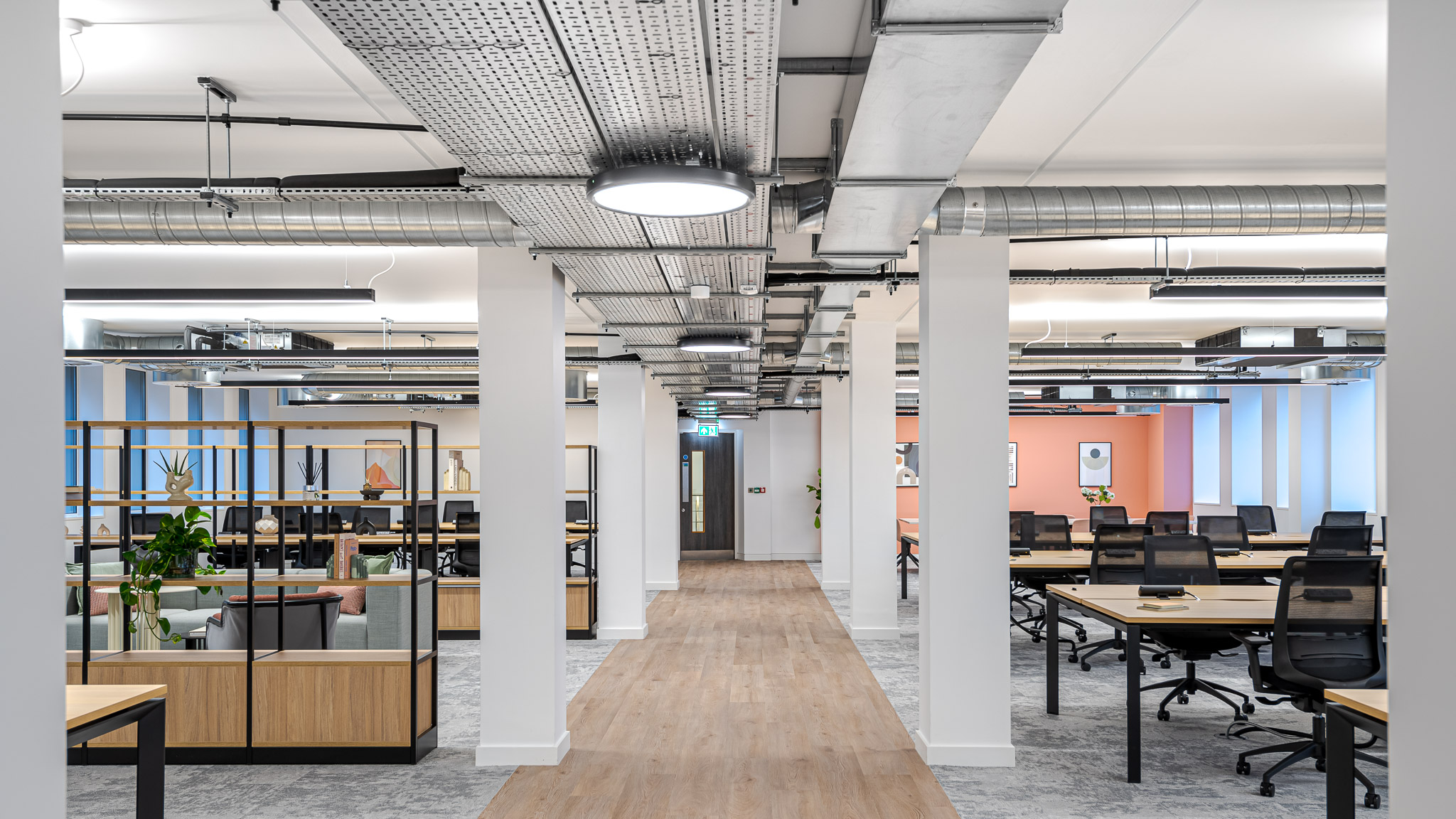 Asset Management workspace with pillars, biophilic plants and a colourful yet minimalist design.