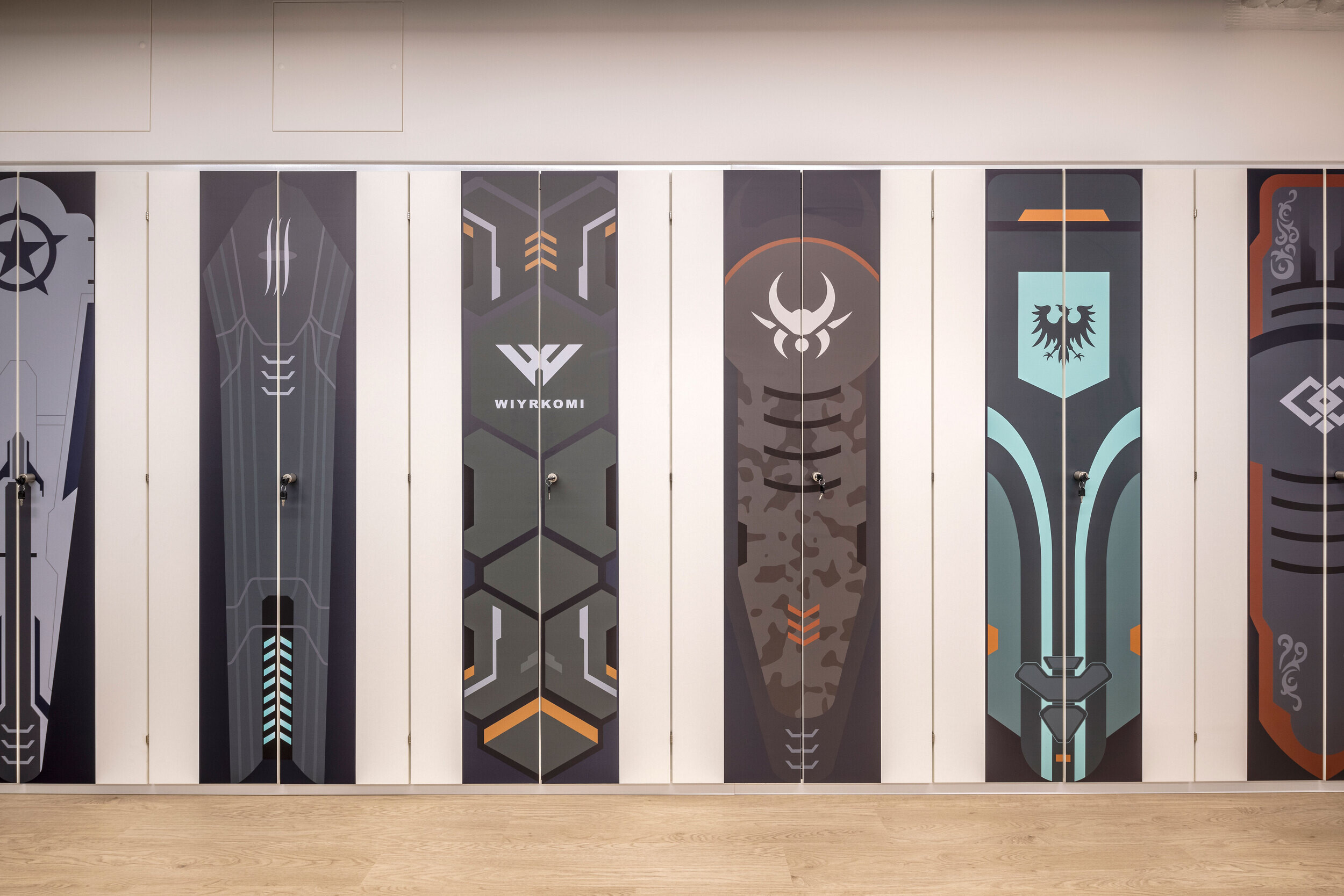 Custom-designed graphic lockers in CCP Games’ office, created by Two to reflect the company’s gaming brand and unique identity.