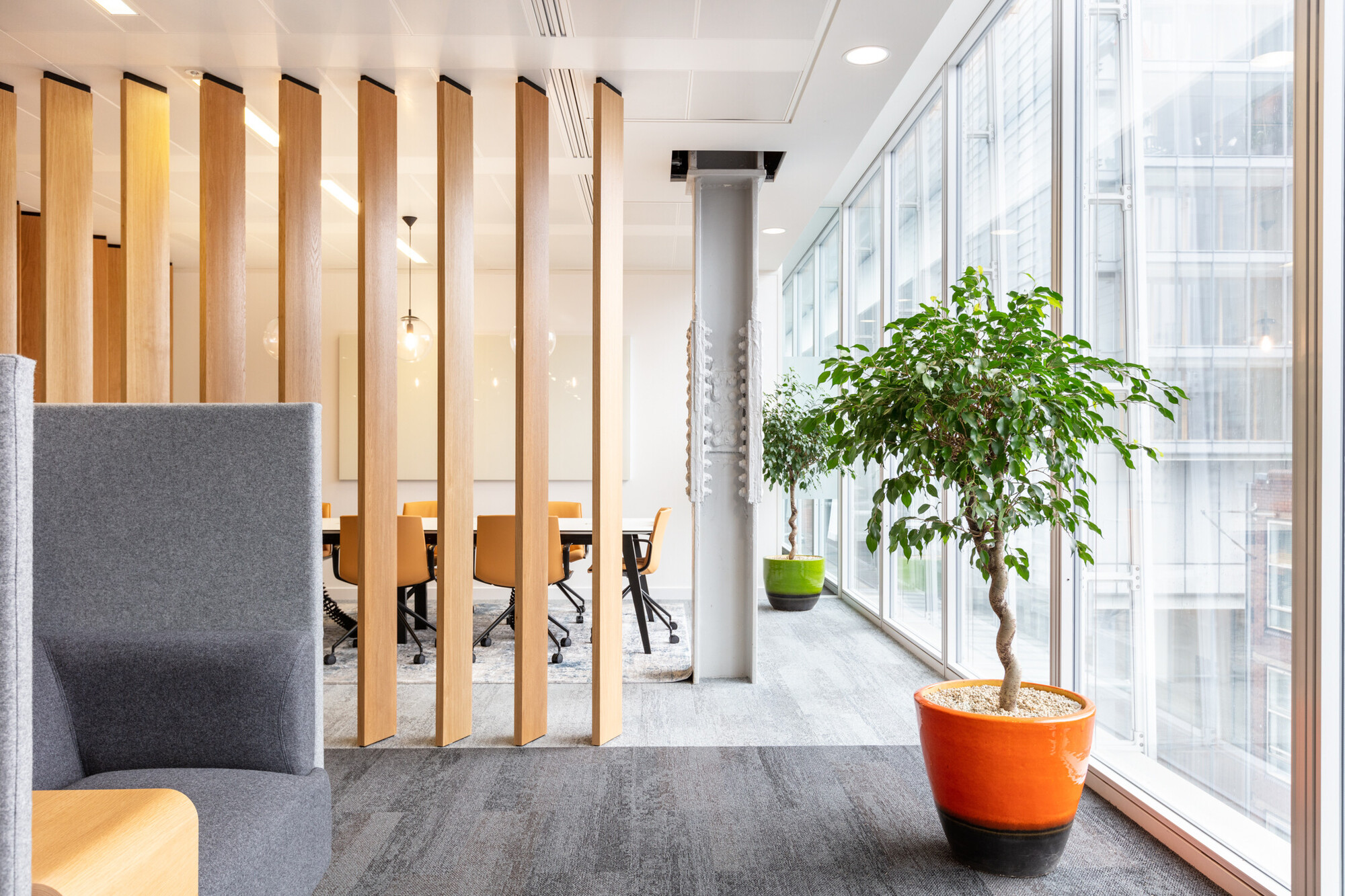 Airy and green Teradata office corridor designed by Two, featuring wooden architectural elements and large potted plants by sunny floor-to-ceiling windows. The space uses soft grey carpet and modern office furniture to enhance productivity.