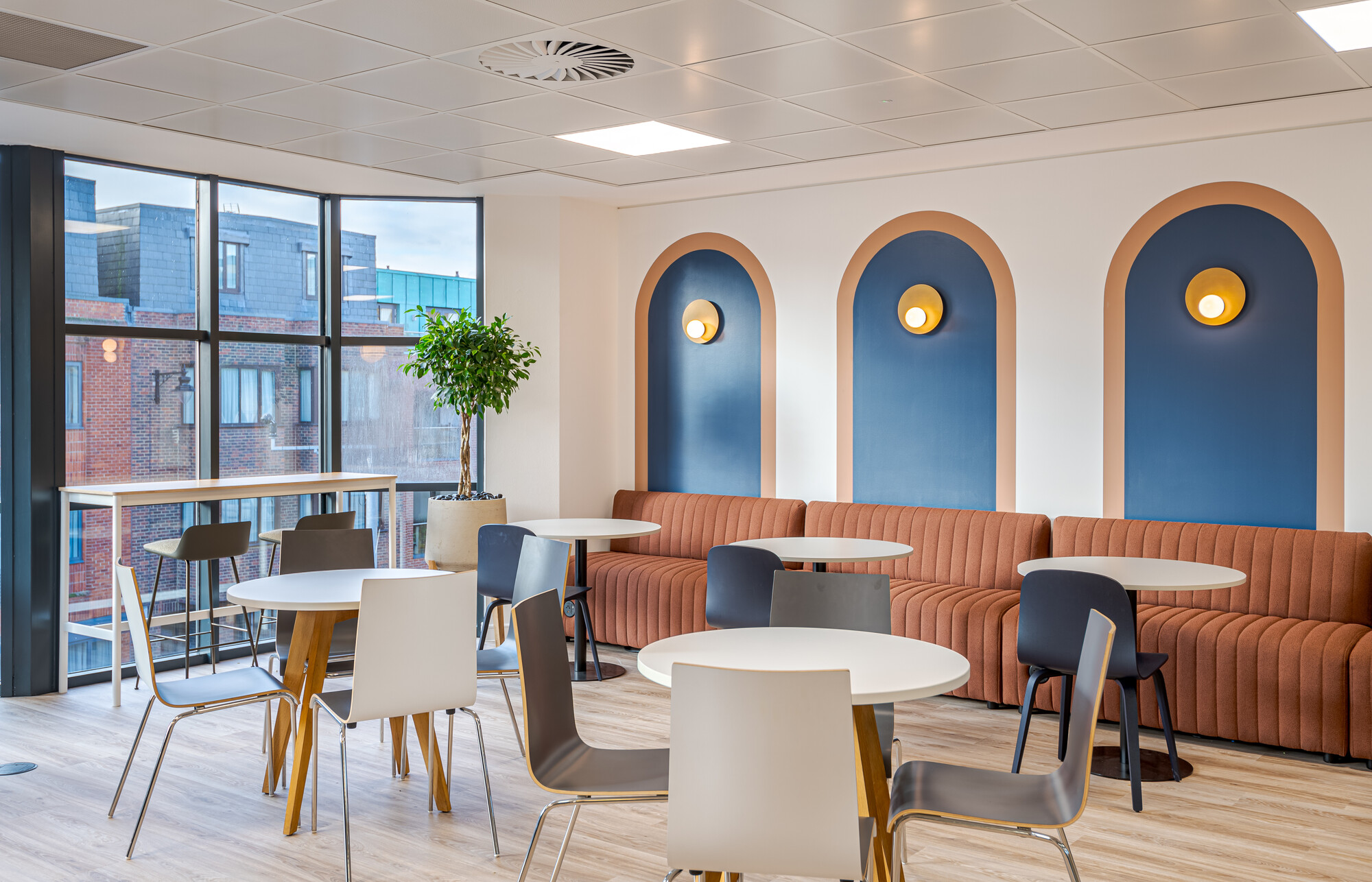 Accelya office showcasing a dining area with rust-coloured ribbed banquette seating, round white tables, and a mix of navy and white chairs. The space includes arched navy blue wall panels with brass sconces, a potted plant, and floor-to-ceiling windows offering views of nearby buildings.