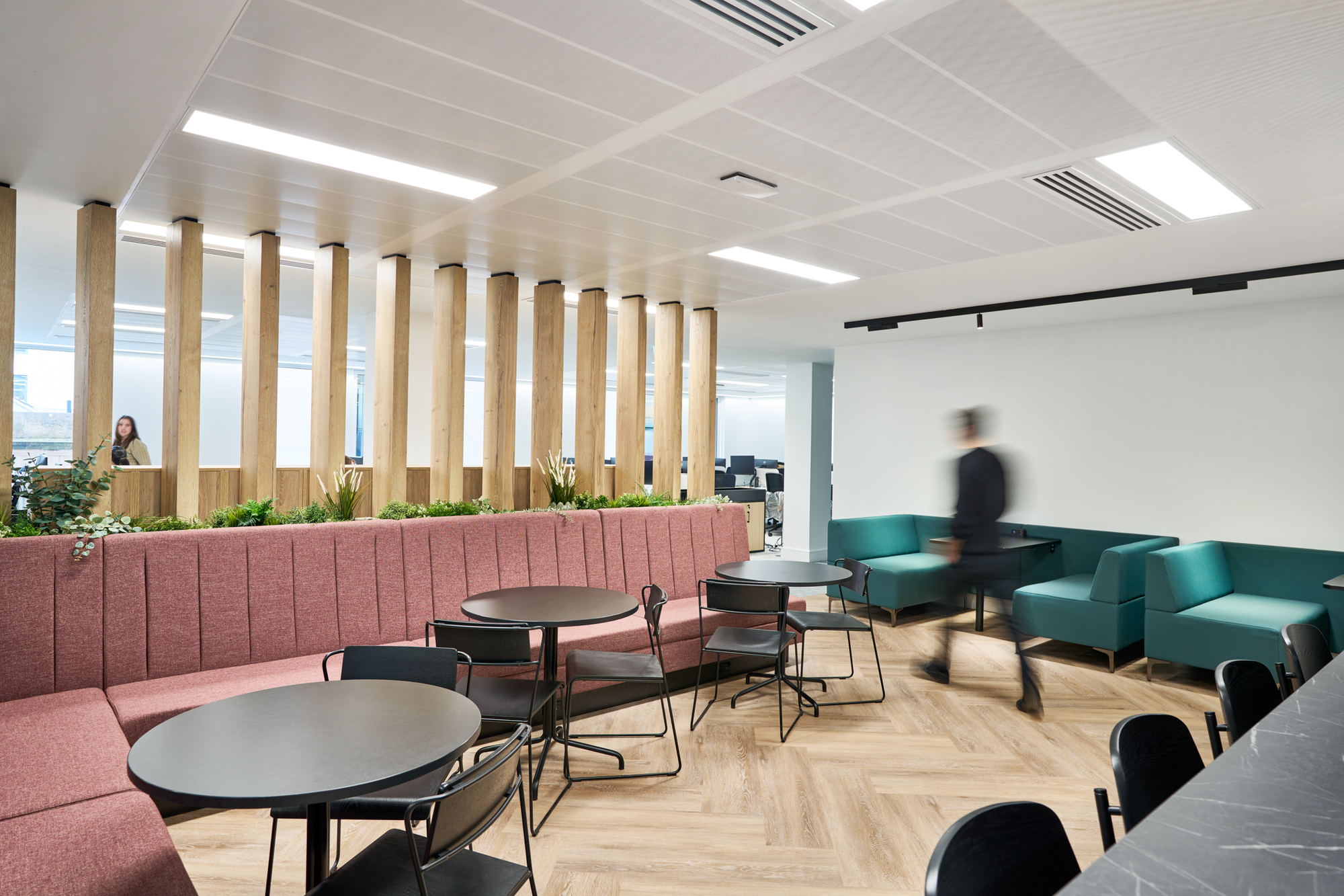 Gemserv’s workspace features bespoke timber slats, vibrant seating, and integrated planting by Two, balancing openness and privacy in the social area.