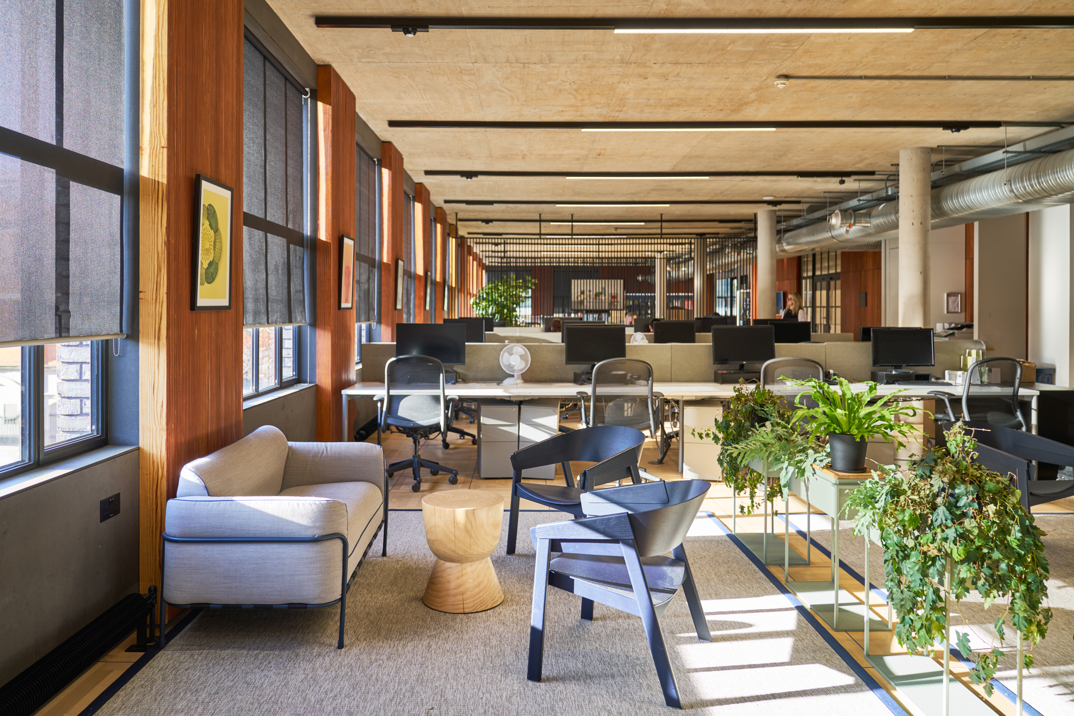 The open-plan office space at Joseph Joseph, designed by Two, combining modern workstations, indoor plants, and wooden accents for a dynamic and biophilic workplace.