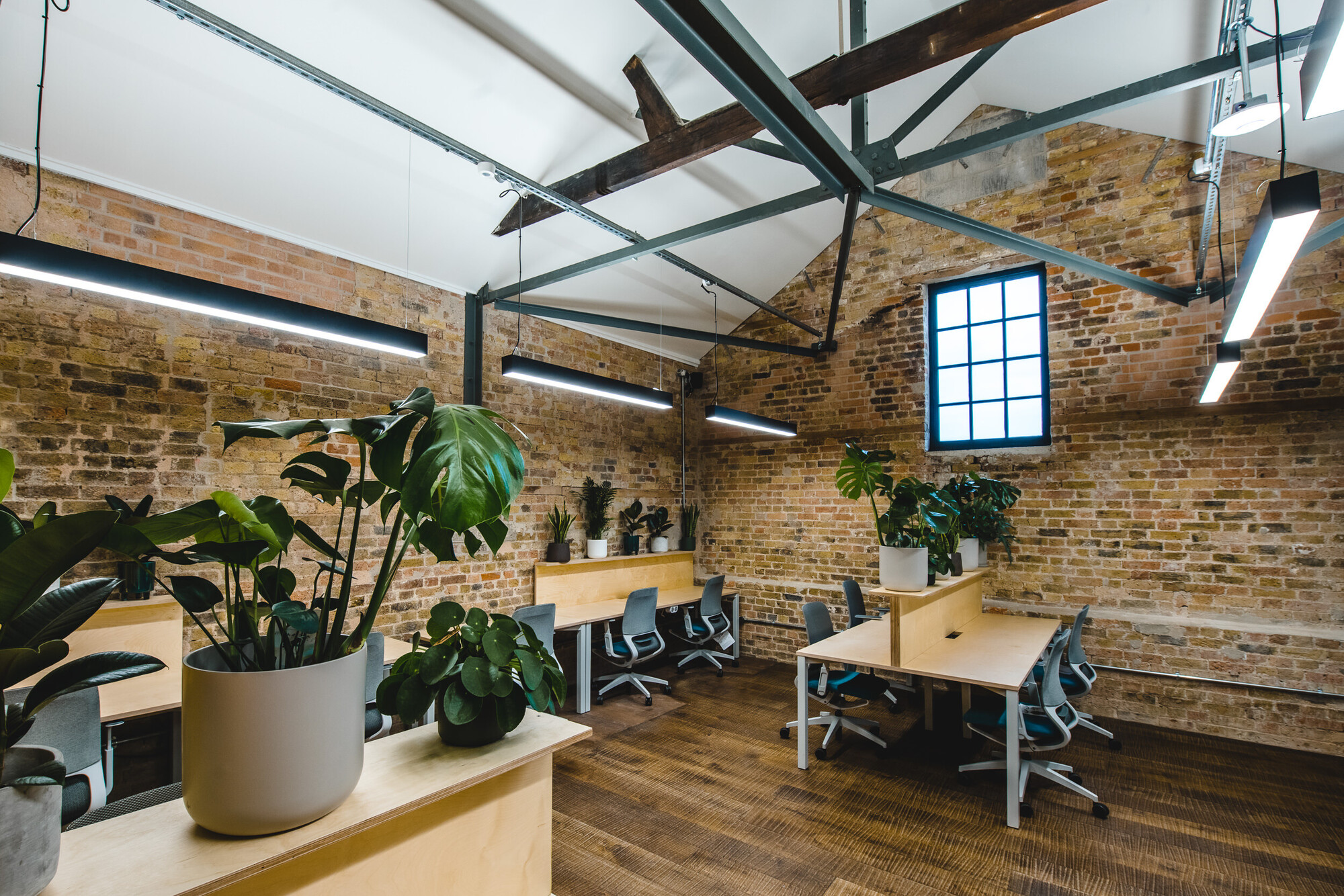 Patch workspace designed by Two, featuring exposed beams, natural wood desks, and greenery against a backdrop of exposed brick walls.