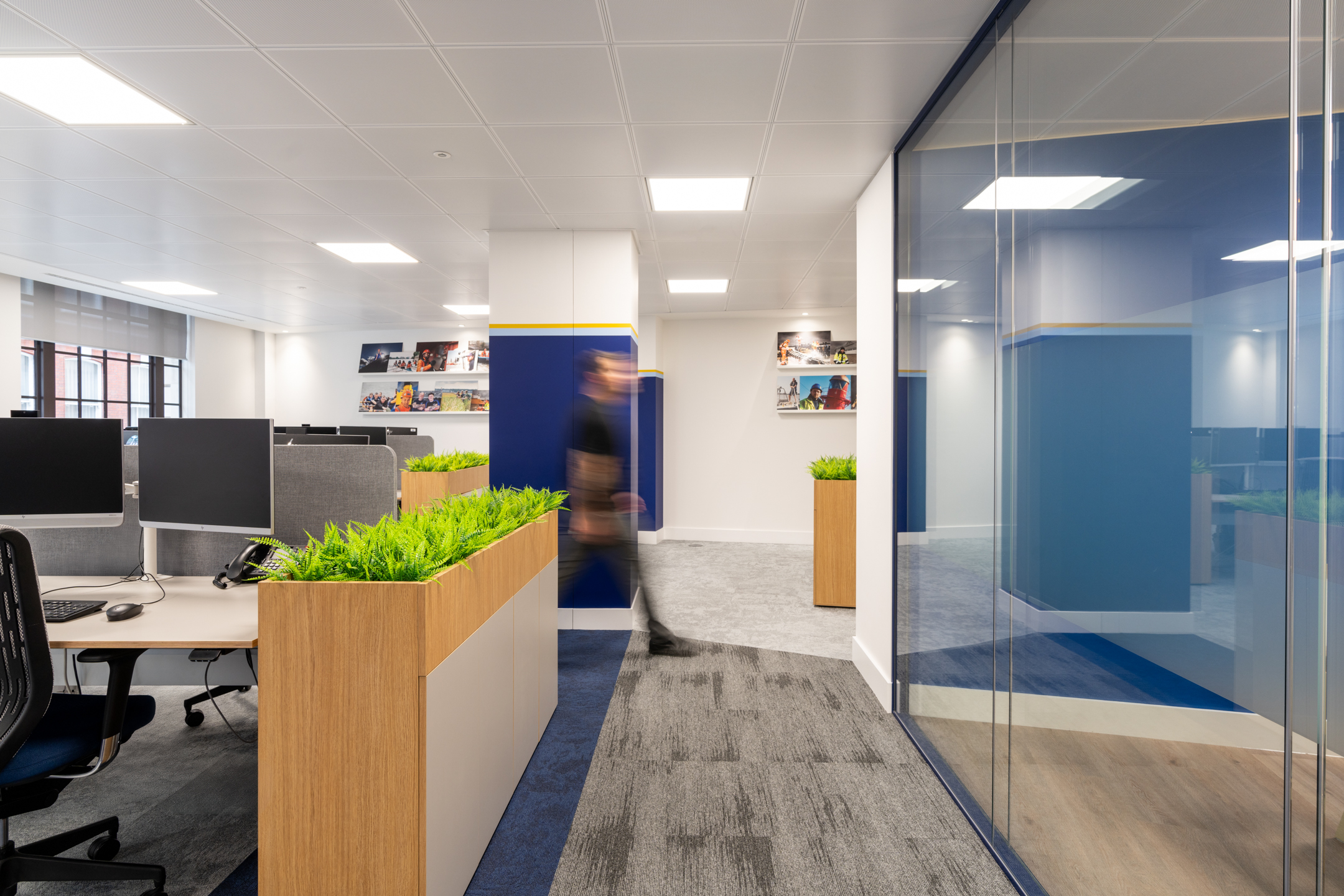 Dynamic workspace at the Port of London Authority office by Two, with partitioned desks, greenery, blue and yellow accents, and glass walls.