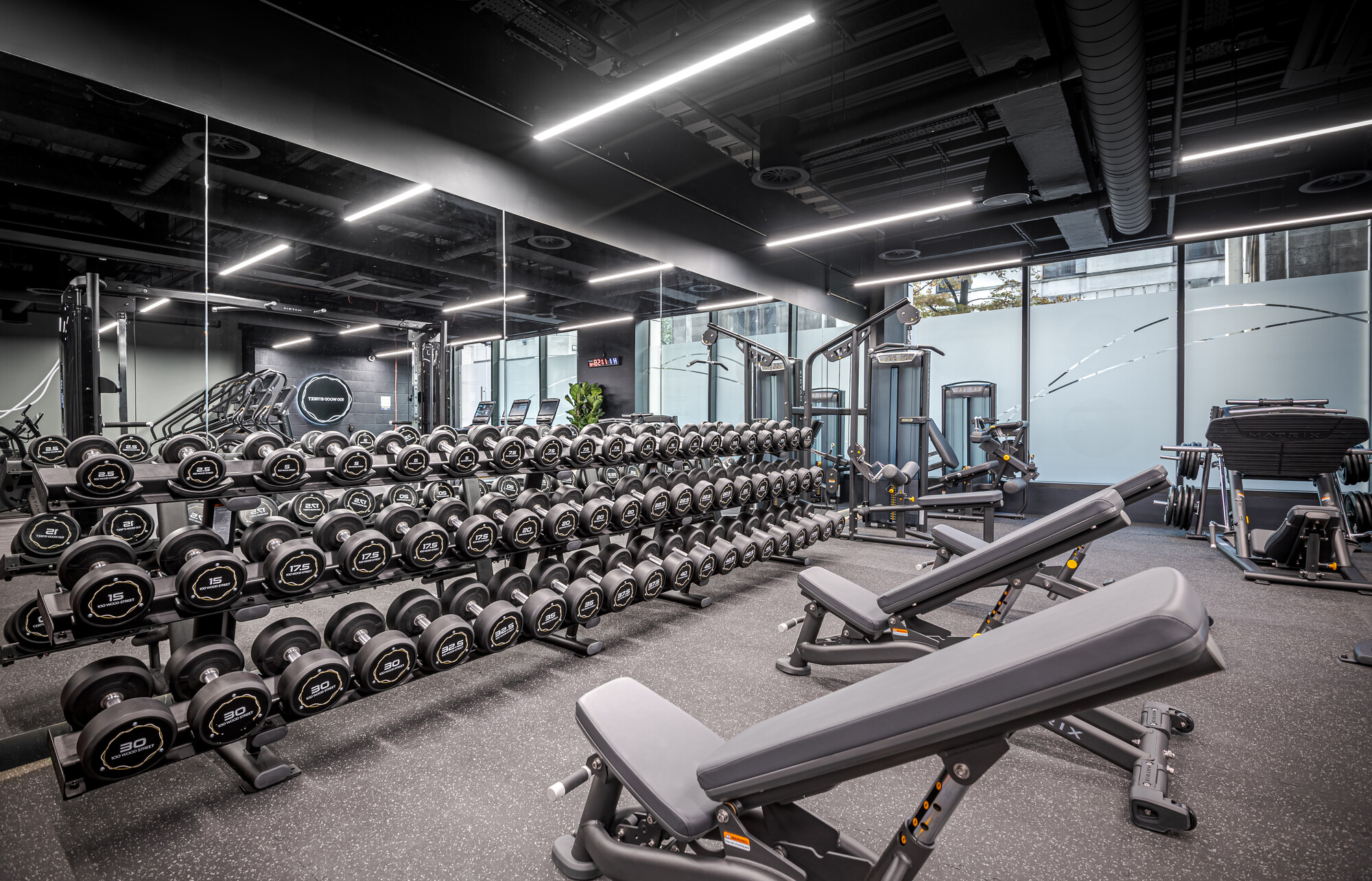 The free weights area at ReFIT Gym, 100 Wood Street, designed by Two, featuring rows of dumbbells and state-of-the-art strength equipment.