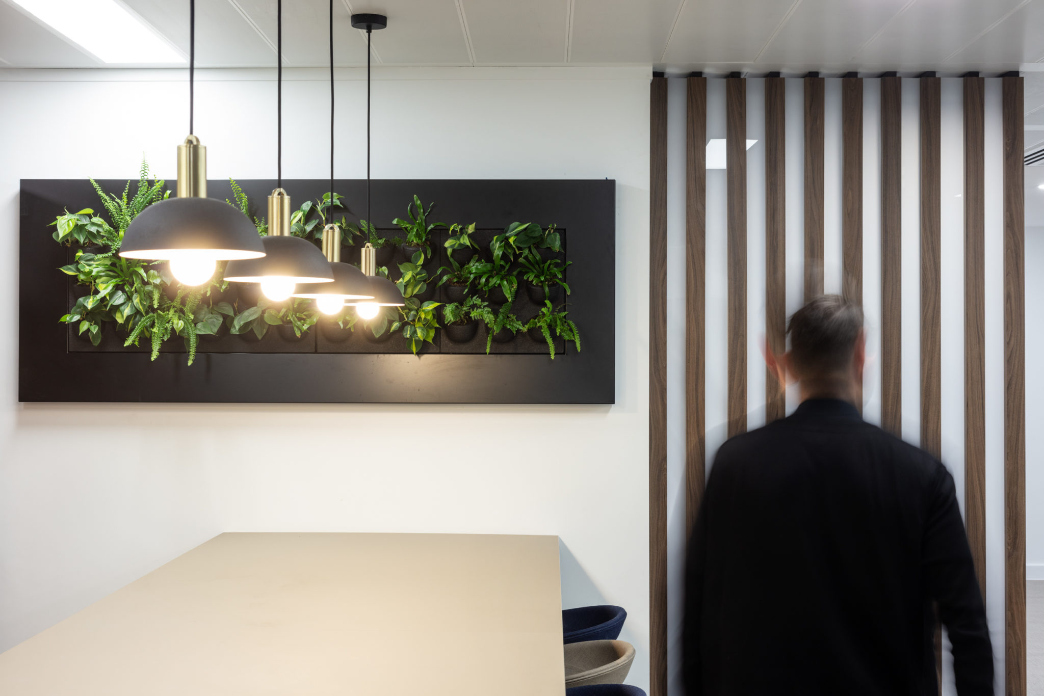 Greenery-filled meeting space in Urban Exposure’s workspace by Two, featuring pendant lighting and a stylish combination of plants and wood accents.