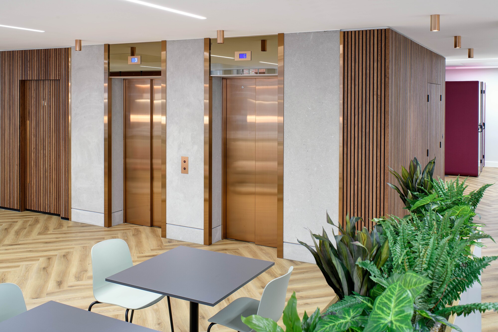 Elegant lift lobby designed by Two for an Asset Management Firm, featuring bronze accents, wood panelling, and greenery enhancing the modern aesthetic.