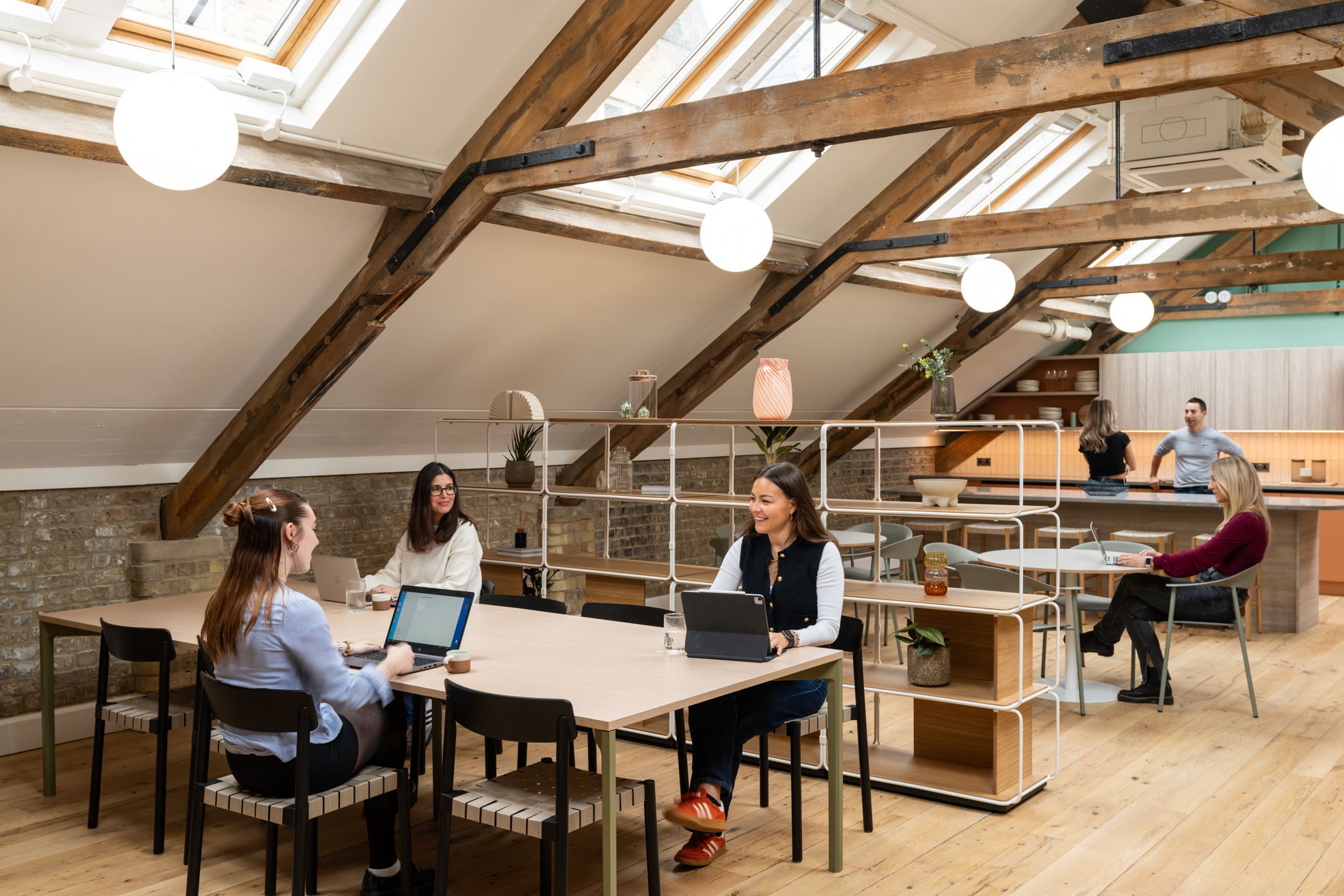 The Varnish Works, loft style teapoint with wooden beams, open light and light oak flooring