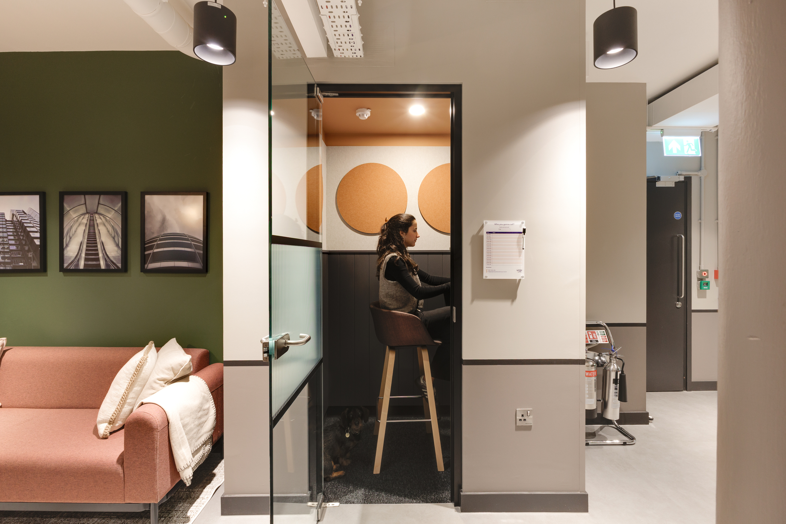 Focus pod at Work.Life Clerkenwell Green with acoustic panels and warm lighting, designed for privacy and productivity, completed by Two.